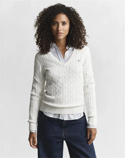 Gant - Cable V-Neck Strik - Eggshell